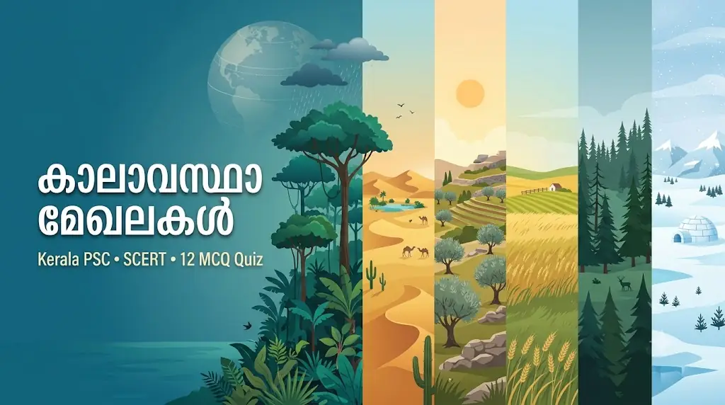 Read more about the article കാലാവസ്ഥാ മേഖലകൾ – SCERT ഭൂമിശാസ്ത്രം | Kerala PSC സമ്പൂർണ്ണ കുറിപ്പും 12 MCQ പരിശീലന ക്വിസും